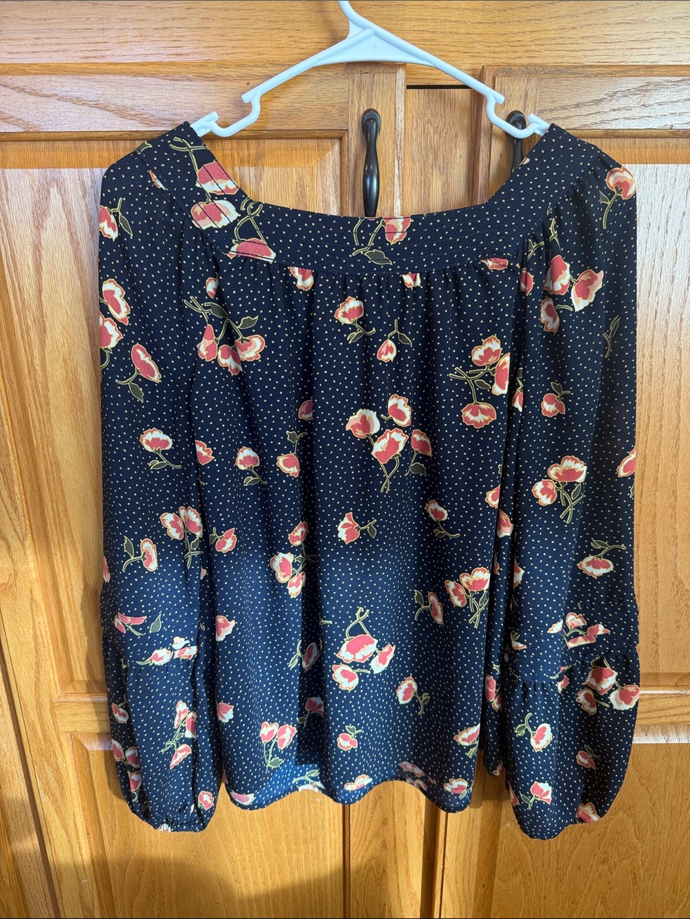 357 LC Lauren Conrad Small Navy Floral Polka Dot Long Sleeve Peasant Blouse - Picture 7 of 7